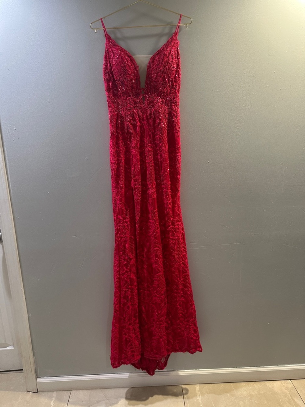 Clarisse Red Lace Beaded Spaghetti Strap Prom Gown